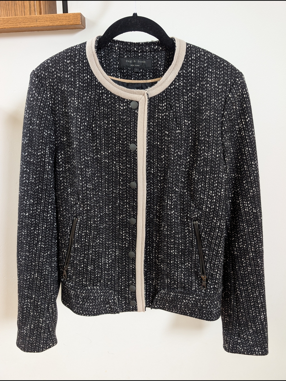 rag & bone Black Speckled Textured Collarless Jacket with Cream Trim